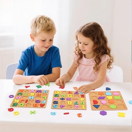 Alphabet Wooden Puzzles for Toddlers 3-5, Pack of 3 ABC, Number and Shape Puzzle, Preschool Educational Learning Toys with Puzzle Board & Letter Blocks for Girls Boys Ages 3 4 5 Years Old thumbnail 2