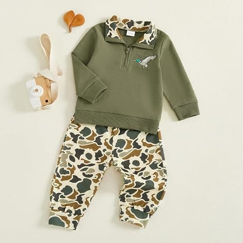 VISGOGO Toddler Baby Boy Hunting Outfit Duck Half Zip Long Sleeve Sweatshirt Pants Set 2 Fall Camouflage Clothes thumbnail 4