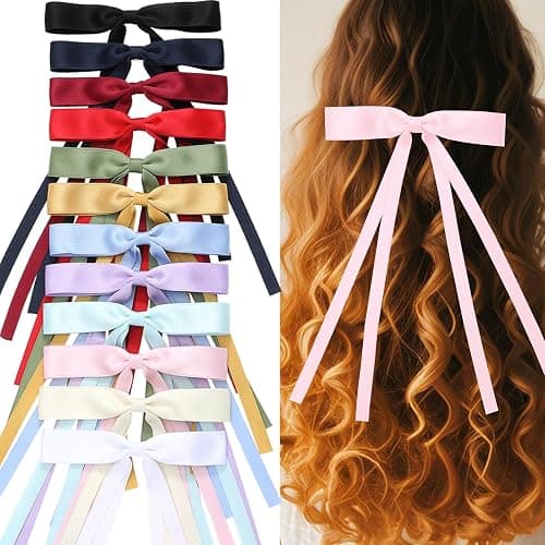 Slevaty Hair Bows Set: 12 PCS Ribbon Bowknot Clips and Barrettes with Long Tails for Women and Girls (12 Color Mixing) thumbnail 6