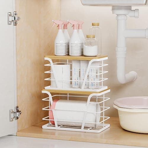 TIDIIABODE 2 Pack Stackable Laundry Room Organization and Storage, Laundry Room Decor and Accessories, Trash Bag Holder with Bamboo Top and Garbage Bag Dispenser, White thumbnail 5