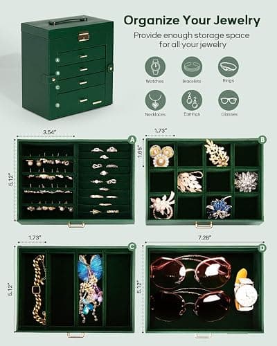 Homde Synthetic Leather Huge Jewelry Box Mirrored Watch Organizer Necklace Ring Earring Storage Lockable Gift Case (Forest Green + Gold) thumbnail 4