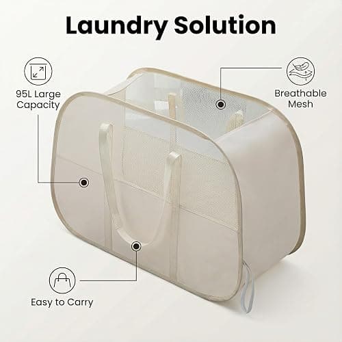 Foldable Laundry Basket with Mesh Window, Large Capacity 95L Dirty Clothes Hamper with Handles, Sturdy Steel Frame,Collapsible Laundry Hamper for Bedroom,Bathroom,Home,Dorm (Beige) thumbnail 5