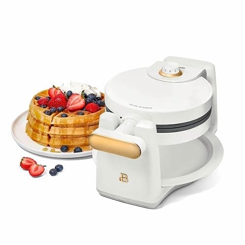 DqOasd Rotating Belgian Waffle Maker, Black, by Drew Barrymore Flower, Makes 1-Inch Thick Waffles, Stainless Steel (White Icing) thumbnail 3