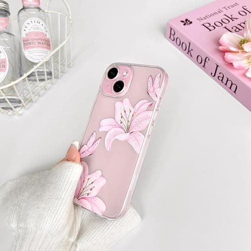 NITITOP Compatible with iPhone 15 Case Clear Cute Butterfly Lily Flower Floral Pattern for Women Girls Full Camera Lens Clear Slim Shockproof Protective Phone Cover - Pink thumbnail 7