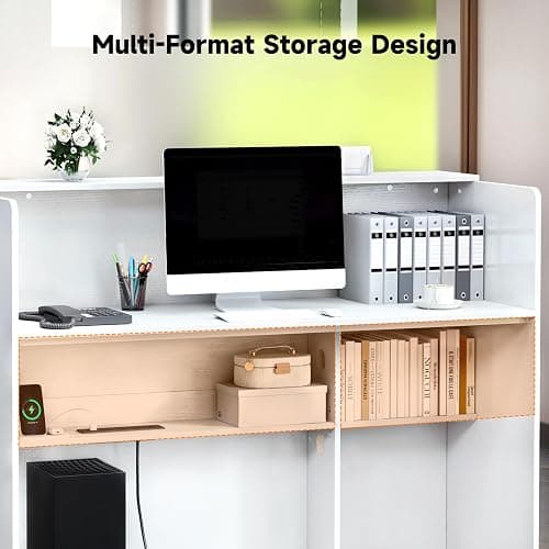 TC-HOMENY Reception Desk with LED Lights, 55'' Retail Counter Modern with Storage Shelves and Cable Grommet, Front Table, Salon Desk, Office Table,White thumbnail 8