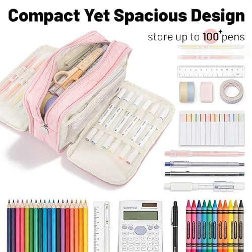 Kcjdd Cute Pencil Case for School, Soft Quilted Pencil Pouch Organizer with 3 Compartments, Large Double Zipper Pencil Bag for Teen Girls, Boys & Women (Beige) thumbnail 8