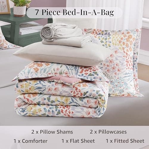 CASAAGUSTO Full Comforter Set, 7 PCS Pinkish Floral Comforter Set with Flowers Leaves Pattern, Soft Seersucker Design All Season Full Size Bedding Set(80"X90") thumbnail 9