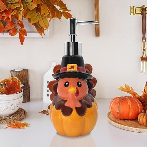 Thanksgiving Turkey Soap Dispenser, Thanksgiving Turkey Bathroom Decor Ceramic Soap Dispenser for Kitchen Countertop, Thanks Bathroom Decorations Refillable Hand Soap Dispenser with Pump Kitchen Decor thumbnail 6