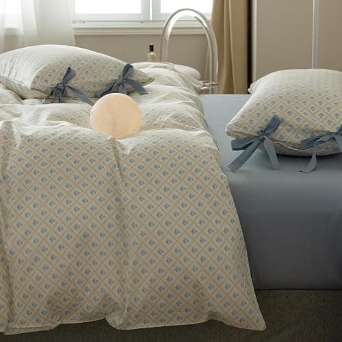 VM VOUGEMARKET Full Duvet Cover with Blue Flower Prints,100% Cotton Bedding Set,Yellow Plaid Grid Comforter Cover with Zipper Closure,80x90 Inch thumbnail 6
