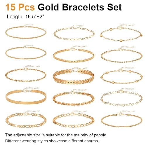 15PCS Gold Bracelets for Women Dainty Bracelets Stack Set Trendy Gold Stackable Cuban Link Paperclip Chain Bracelet Pack Adjustable Jewelry Set for Gifts thumbnail 2