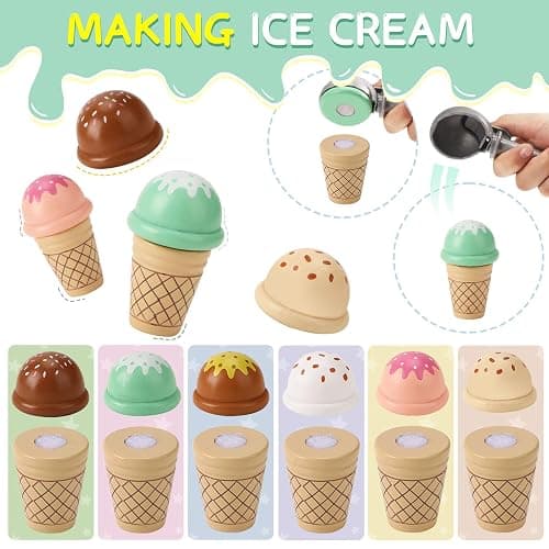 Wooden Ice Cream Toys for Kids Pretend Play Kitchen Food Toys with Scoop & Menu & Fake Money, Ice Cream Counter Shop Playset for 3 4 5 6 Year Old Girls Boys Birthday Gifts thumbnail 6