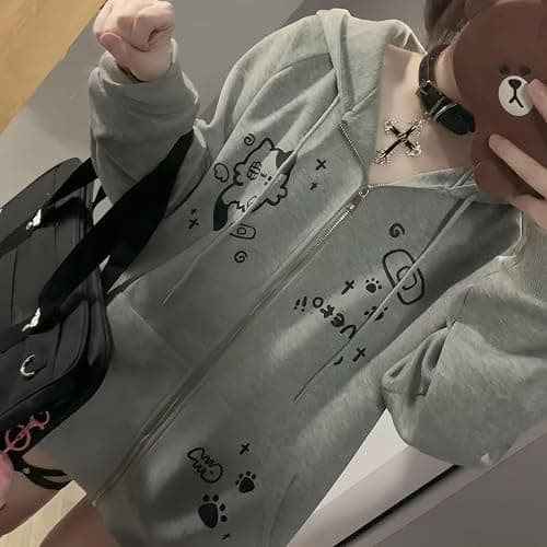 Dynict Womens Y2K Zip Up Cute Graphic Hoodies Cat Ears Casual Cartoon Harajuku Kawaii Clothes Oversize Streetwear Jacket thumbnail 5