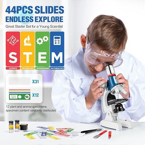 58-Piece Kids Microscope Kit - 100X-1200X Magnification Metal Microscope with LED Light & Slides, Portable Science Set with Carry Case, STEM Learning Toy for Kids Ages 5-12, Birthday Christmas Gift thumbnail 2