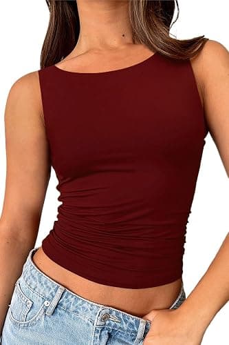 ForeFair Boat Neck Tank Tops for Women - Double Lined Going Out Top Basic Summer Cute Ruched - Image 1