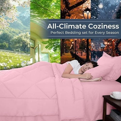 HEVUMYI Pink Queen Comforter Set - 7-Piece All Season Bed in a Bag Queen, Ultra Soft Bedding Set with Comforter, Flat Sheet, Fitted Sheet, Pillowcases, Pillow Shams, Pink thumbnail 3
