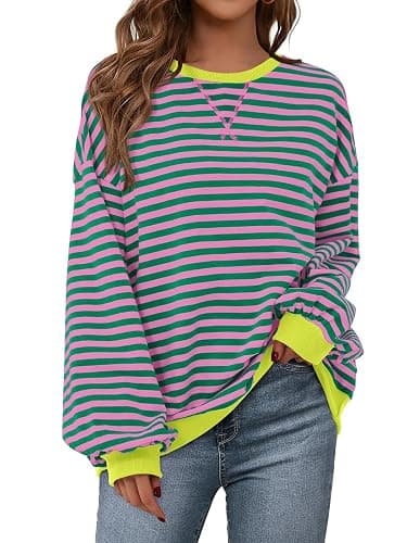PRETTYGARDEN Womens Striped Oversized Sweatshirt Color Block Crew Neck Long Sleeve Casual Loose Pullover Top Y2K Clothes - Image 1