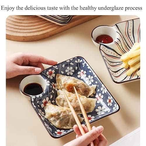 6 PCs Ceramic Sushi Platter, Square Dumpling Plate with Dipping Saucer | 7.17in Serving Plates Includes 5 Chopsticks, Chips and Dip Plate Ideal For Sushi, Dumplings, Chips & Dip thumbnail 5
