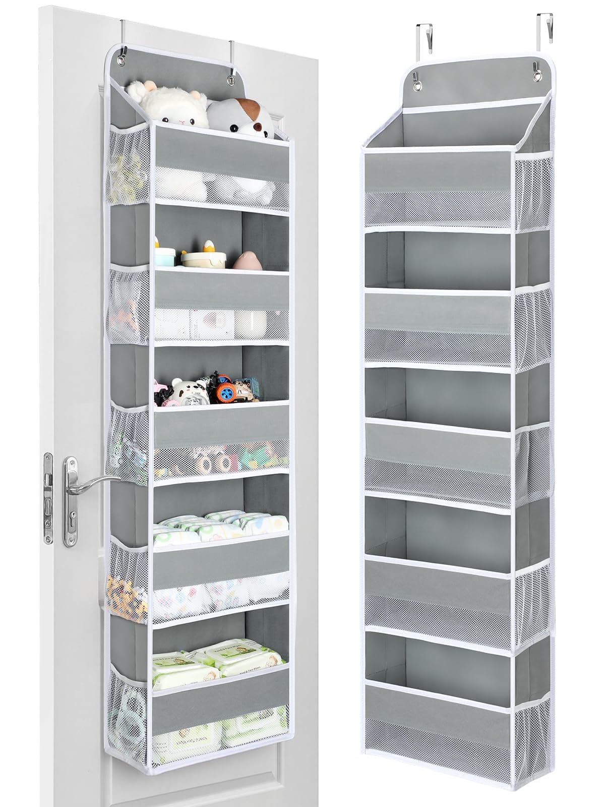 Yecaye 1 Pack Over The Door Organizer with 5 Bins 10 Side Pockets,44lbs Load Hanging Bathroom and Bedroom Organizer, Behind The Door Storage for Nursery Newborn Baby Essential Stuff, Grey - Image 1