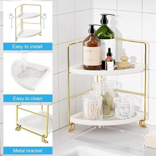 FSyueyun 2-Tier Corner Bathroom Counter Organizer, Tool-Less Installation Vanity Shelf Small Plastics Countertop Makeup Tray Skincare Perfume Organizers (Gold) thumbnail 7
