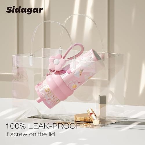 Sidagar 24 oz Stainless Steel Tumbler with Lid and Straw, Insulated Coffee Mug, Leak Proof, Portable Iced Travel Water Bottle, Reusable Thermal Coffee Cup, Floral Pink thumbnail 4
