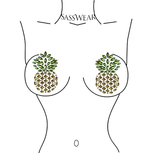 Sasswear Pineapple Jeweled Nipple Pasties, Pasties for Women, Crystal Rhinestone Nipple Cover Pasties for Festivals and Raves, Pasties for Swingers Gold thumbnail 6