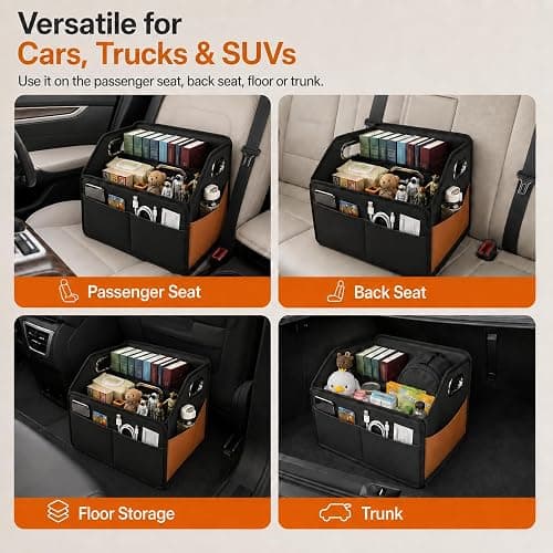 Noaman Leather Car Storage Organizer Back Front Seat Car Organizer Black | Upgraded car organizers and storage for passenger seat or floor 6 slots 3 metal handles.Backseat car organizer keeps car tidy thumbnail 8