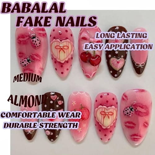 BABALAL Press on Nails Medium Almond Fake Nails Pink Strawberry Glue on Sweet Heart Bow Lips Art False Acrylic Nails Y2k 24Pcs Valentines Custom Stiletto Full Cover for Women Girls thumbnail 5