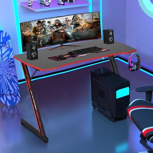 BestOffice Gmaing Desk Z Shaped 47 inch PC Computer Desk Computer Workstation Ergonomic Gaming Table with Headphone Hook for Game Players, Red thumbnail 2