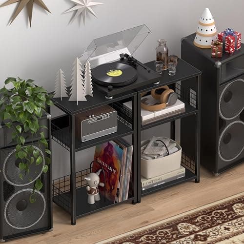 LELELINKY Side Table with Storage, Black Night Stand for Small Spaces, 3 Tier Industrial Wooden Record Player Holder with Vinyl Storage Shelf, End Tables Printer Stand for Bedroom thumbnail 2