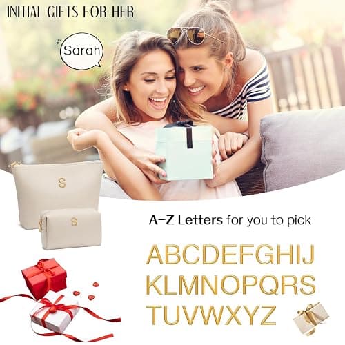CLOUDWINGS Women Gifts | Initial Makeup Bag Set for Girl Personalized Gifts for Bridesmaid Friend Graduation Teachers PU Leather Cosmetic Travel Toiletry Bag(Beige,L) thumbnail 2
