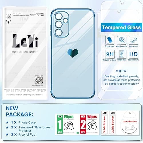 LeYi for Samsung Galaxy A15 5G Case: with Tempered Glass Screen Protector [2 Pcs]+Camera Lens Protection, Love Heart Plating Women Luxury Shockproof Case for A 15, Cute Present for Mom, Sierra Blue thumbnail 7