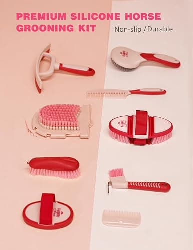 Furrishine 11PCS Horse Grooming Kit Curry Comb Sweat Scraper Horse Bathing Supplies Grooming Tools with Storage Bag Pink Garnet thumbnail 3