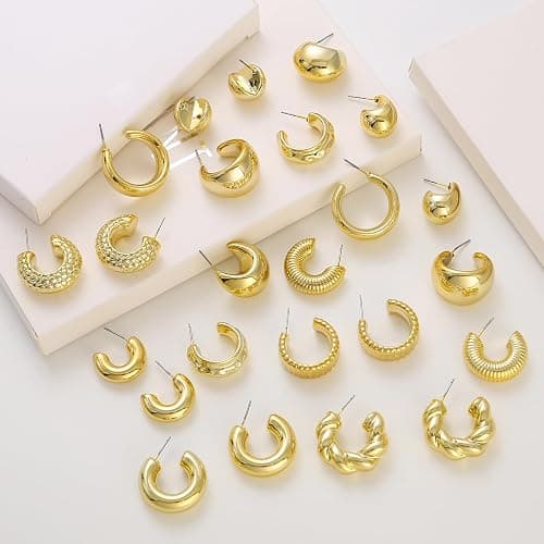 ILGANT 12 Pairs Chunky Gold Hoop Earrings Set for Women Trendy Lightweight Gold Plated Earrings Hypoallergenic Jewelry thumbnail 5