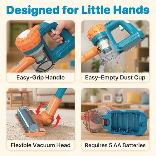 BAYMI 3-in-1 Kids Vacuum that Really Works - Toddler Vacuum Cleaner with Real Suction, Pretend Play Housekeeping & Cleaning Toy Set for Kids Ages 3+ (Blue) thumbnail 6