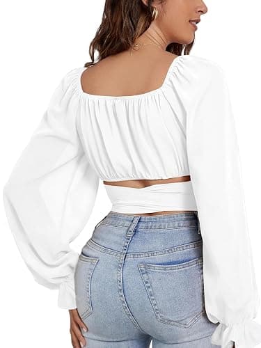 Rooscier Women's Ruched Wrap Square Neck Flounce Long Sleeve Self Tie Crop Top Blouse thumbnail 2