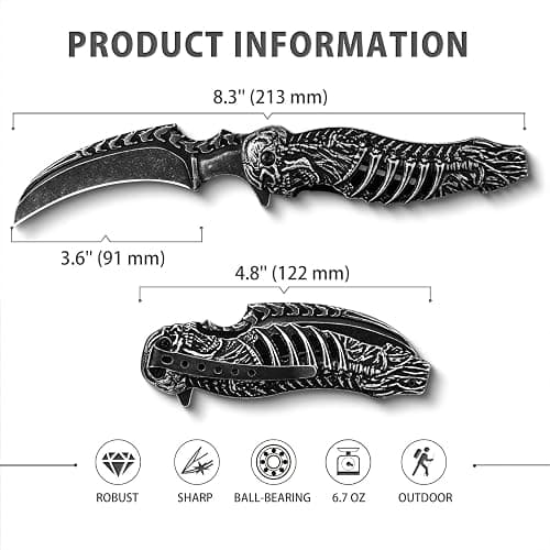 VALHALLA REAPER Skull Pocket Knife, Pocket Folding Knife With 3D Hollowed-out Skull, EDC Pocket Knife For Men Outdoor Camping Hiking Hunting thumbnail 3