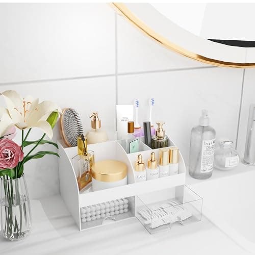 Makeup Organizer with Drawers, Cosmetic Storage for Dresser Vanity and Bathroom Countertop, Beauty Holder for Lipstick Brush, Skincare Organizer for Vanity, Cosmetic Display Case (White) thumbnail 7