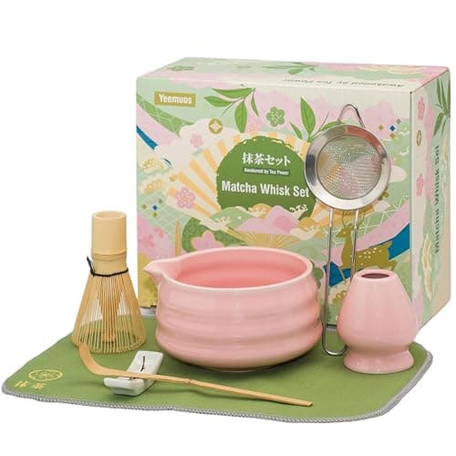 YEEMUOS Matcha whisk Set,7 Pcs Matcha Making Kit with whisk Whisk, Ceramic Bowl, Sifter, Scoop, Holder, Stand, and Tea Towel for Ultimate Matcha Experience(Pink) - Image 1