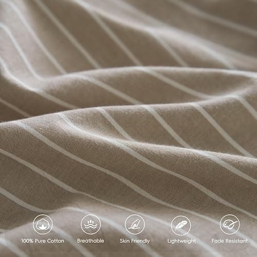 MooMee Bedding Pillowcases Striped Pack of 2 100% Washed Cotton Linen Like Textured Breathable Durable Soft Comfy (Tannish Linen Grey White Wide Stripes, Standard) thumbnail 5