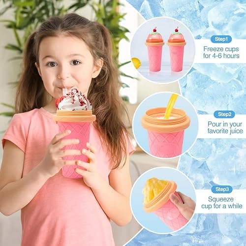 Slushy Cup Slushie Cup,Quick Frozen Magic Cup, Smoothie Cups with Lids and Straws, Double Layer Squeeze Slushy Maker Cup, Portable Squeeze Ice Cup Christmas Gifts for Family, Friends Kids (pink) thumbnail 6