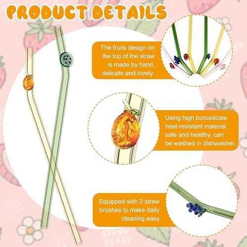 6 Pcs Glass Straws with Design Reusable Cute Fruit Drinking Straws 7.9in x 8mm Colorful Party Favors Decorations with 2 Cleaning Brushes for Summer Beach Birthday(Bent) thumbnail 4