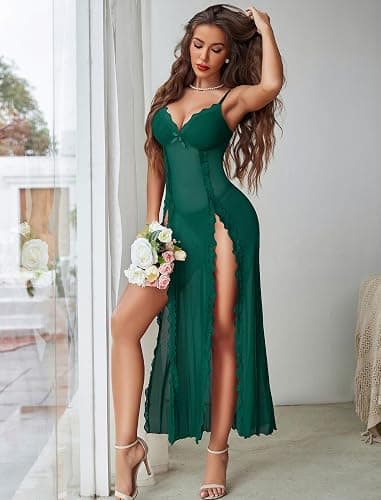 Avidlove Women Lingerie Lace Babydoll Chemise Sexy Mesh Nightdress V Neck Nightwear Side Split Nightgown thumbnail 3