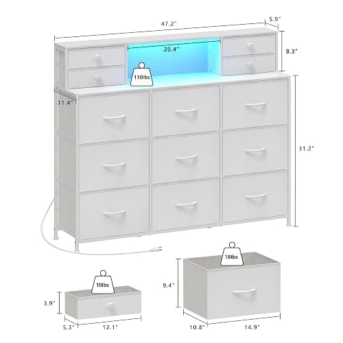 Welfuturer White Dressers for Bedroom with Power Outlets and LED Lights 13 Drawers Dresser Faux Leather Fabric Chest of Drawers for Bedroom Living Room Hallway Entryway Closets Sturdy Frame Wood Top - White thumbnail 3