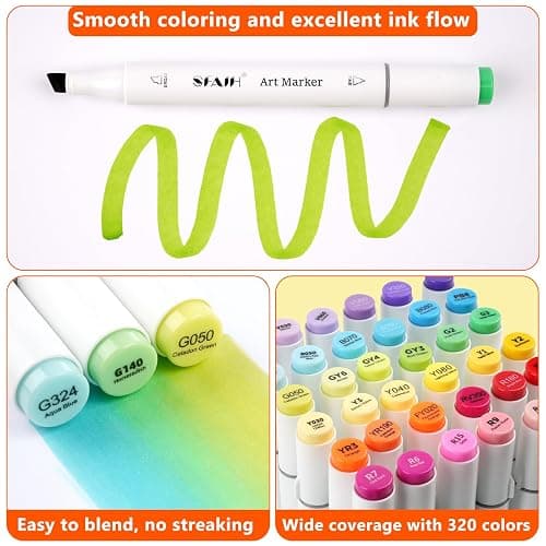 SFAIH Alcohol Markers Fine & Chisel - 49 Colors Double Tipped Art Markers for Adult Coloring Sketch Illustration, Gifts for Students Beginners - Greeting Card, Refillable Ink, Colorless Blender thumbnail 6