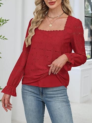 UNCOOYEE Blouses for Women Dressy Casual Eyelet Square Neck Long Sleeve Embroidered Lace Crochet Boho Tops Fall Fashion 2025 thumbnail 2