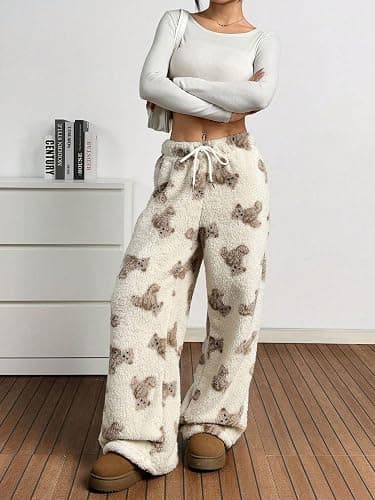Flannel Plaid Leopard Pajama Pants for Women Plush Fuzzy Pjs Pant Furry Pajamas Bottom Sleep Pants thumbnail 7