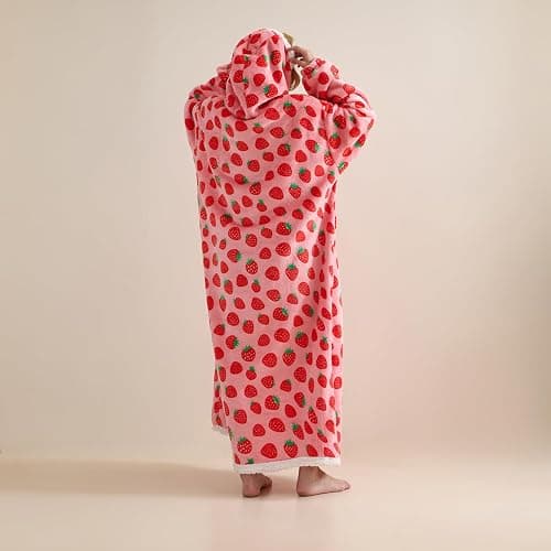 TSUTOMI Wearable Blanket Hoodie, Oversized Sherpa Wearable Hooded Blanket,Warm Cozy Sherpa Hoodie Gifts for Women Girls Adult Strawberry thumbnail 4