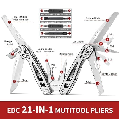 WETOLS Multitool with Pocket Knife, Birthday Gifts for Men Women Mom Dad, 21-in-1 Stainless Steel Pliers with Screwdrivers, Self-locking Multi tools with EDC Sheath, Ideal for Home, Camping, Survival - Silver - 21-in-1 thumbnail 3