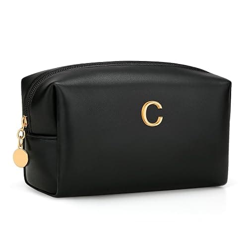 CLOUDWINGS Gifts for Women Bridesmaid Gifts Personalized Initial Makeup Bag PU Leather Cosmetic Waterproof Travel Toiletry Bag (Black C) - Image 1