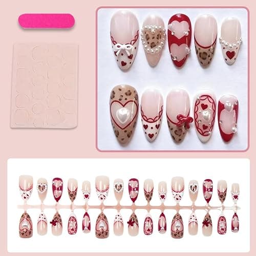 30Pcs Valentines Press on Nails Medium Almond Fake Nails French Tip 3D White Pearl Designs Cute Bow False Nails Leopard Polka Dots Acrylic Stick On Nail with Heart and Rhinestones Romantic for Women thumbnail 5